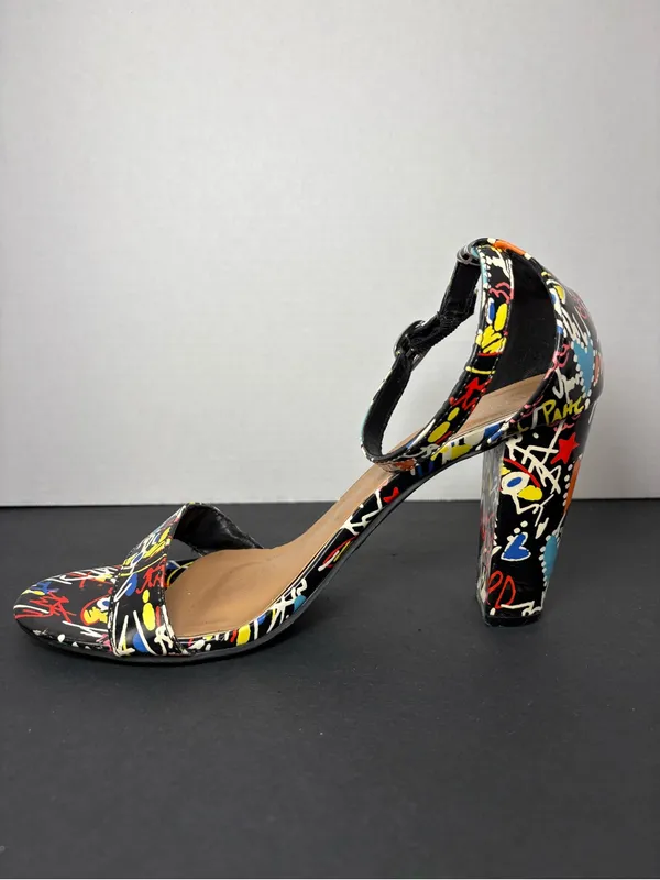 Block Heels BAMBOO Black Multi-Color Graffiti Ankle Strap Sandals - Image 2