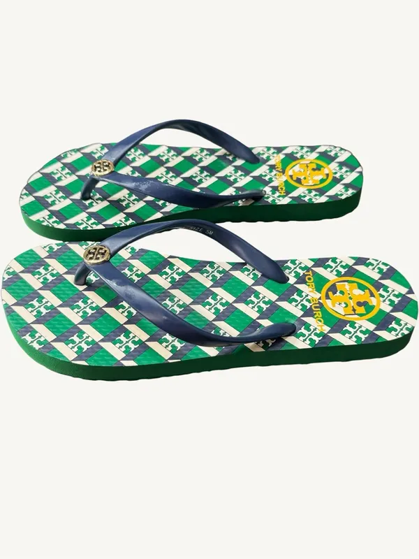 Tory Burch Green, Navy & White Check Logo Flip Flops Size 5 NWOT - Image 2