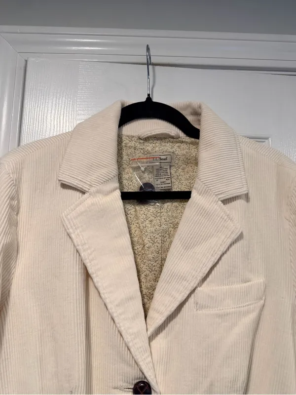 NWT L.L.Bean Size 16 Cream Corduroy Blazer Jacket Cotton Floral Lined Button - Image 2