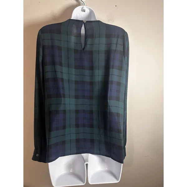 J.Crew Womens Black Watch Plaid Pleated Long Sleeve Blouse Green‎ Navy Blue M - Image 5
