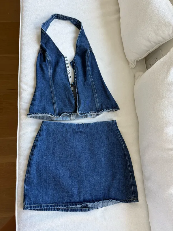 Meshki Dark Blue Denim Skirt Set - Image 4