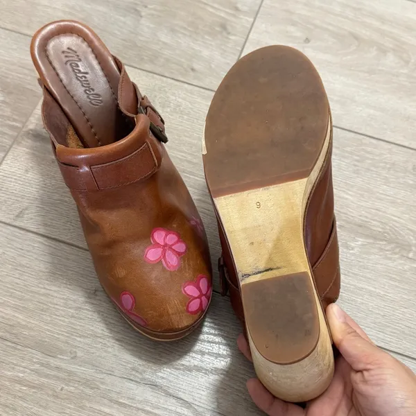 Madewell Leather Floral Clog Mules Women's 9 Brown Pink Wood Heel Y2K Boho - Image 7