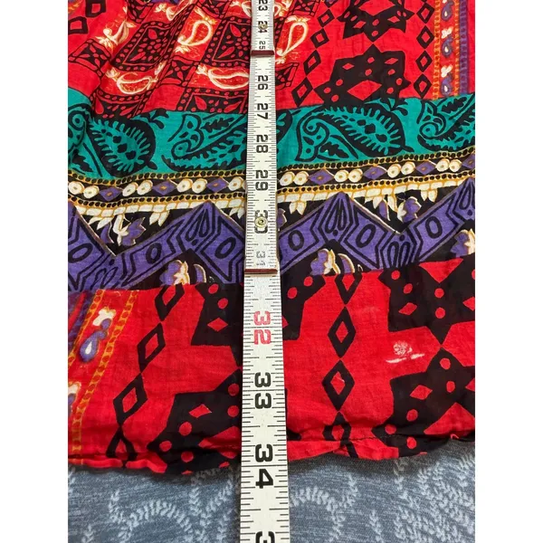 Vtg Christine Parker Cotton Block Print Faux Patchwork Maxi Skirt M Drawstring - Image 5