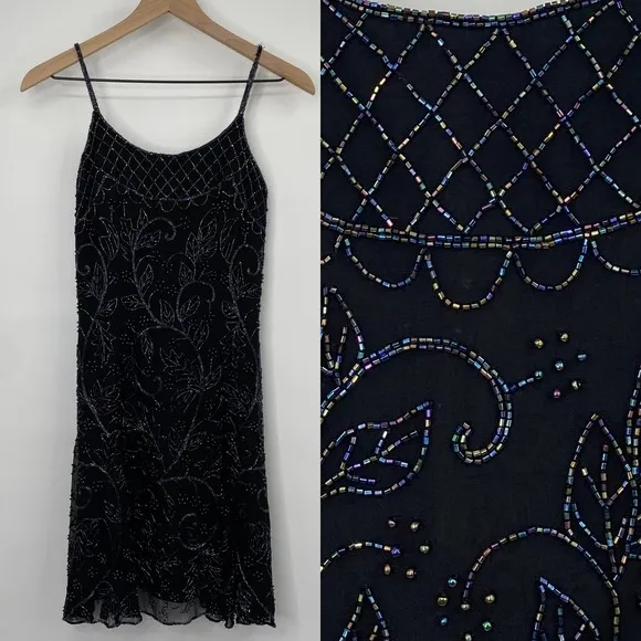 Vintage 90s Pure Silk Beaded Floral Mini Dress Flowy Cocktail Black Womens XS - Image 2