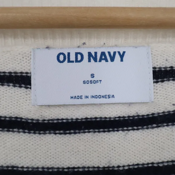 Old Navy SoSoft Striped V-Neck Sweater Cream Navy Blue Small - Image 2