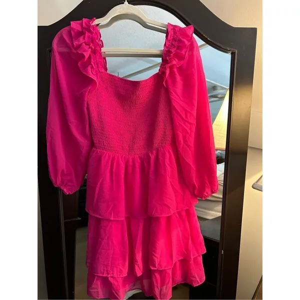 NEW Hot Pink Smocked Ruffle Mini Square Neck Dress M - Image 3