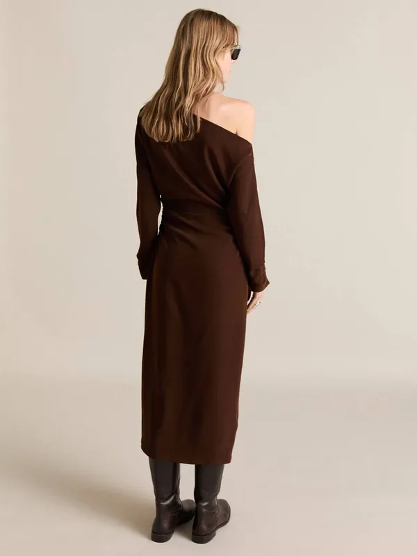 Mango Asymmetrical Elegant One-Shoulder Brown Midi Dress Gathered Sides Sz M - Image 2
