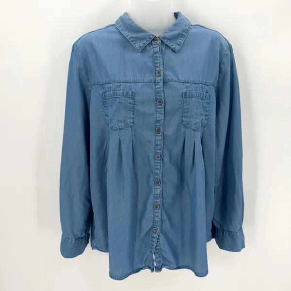 Style & Co Shirt Women's PL Petite Large Blue Pleated Roll Tab Sleeve Flowy Top - Image 3