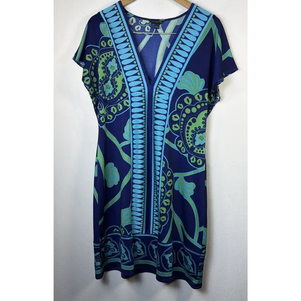 Banana Republic V Neck Dress large Navy Green A-Line Women's boho resort travel - Image 2