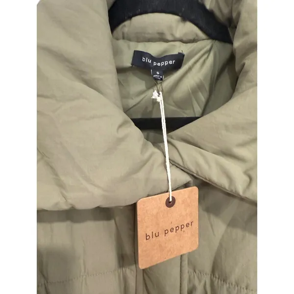 Blu Pepper Olive Green Puffer Jacket Funnel Neck Cinched Waist Coat NWT‎ Small - Image 2