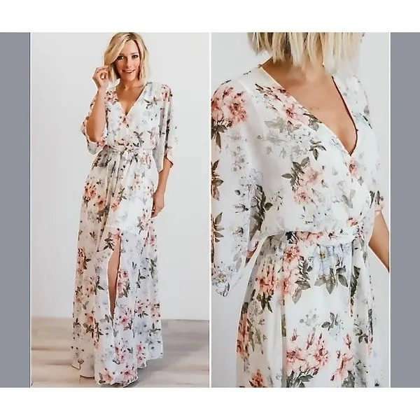 Baltic Born Kia Floral Kimono Maxi Dress LARGE White Pink‎ Bohemian Feminine - Image 2