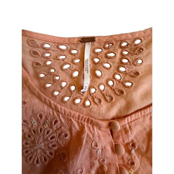 Free People Peach Embroidered Boho Tunic Top Small Sequin Eyelet Bell Sleeve - Image 9