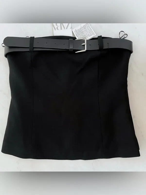 Zara Black Tailored Crop Top with Wide Buckle Belt - Image 2