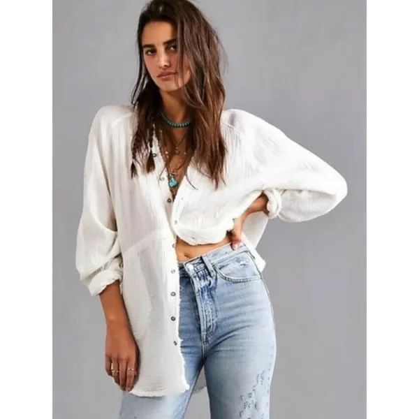 Free People Summer Daydream Buttondown Top in Ivory Size Small Gauze Oversized - Image 3