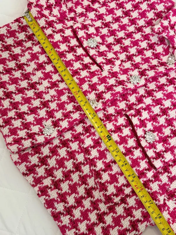 Zara XS Pink White Houndstooth Cropped Tweed Jacket Rhinestone Buttons Preppy Chic - Image 7