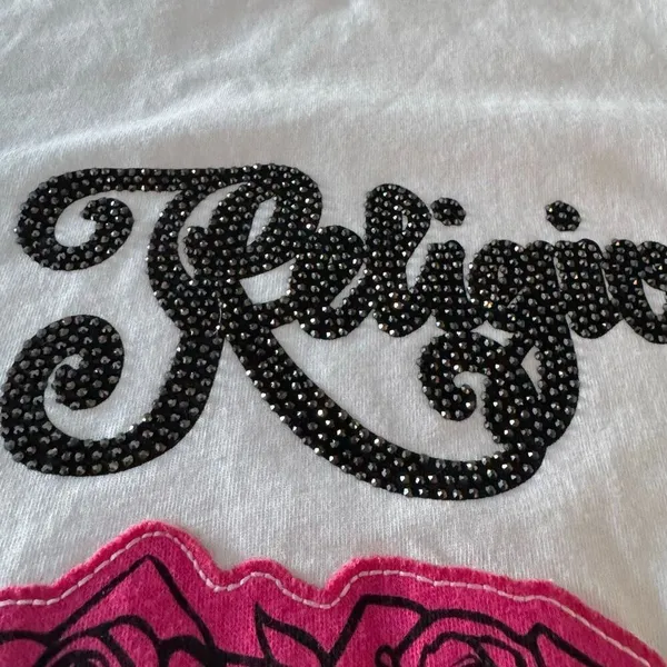 True Religion White Embellished Crystal Rose Romantic Y2K Style Baby Tee Sz L - Image 5