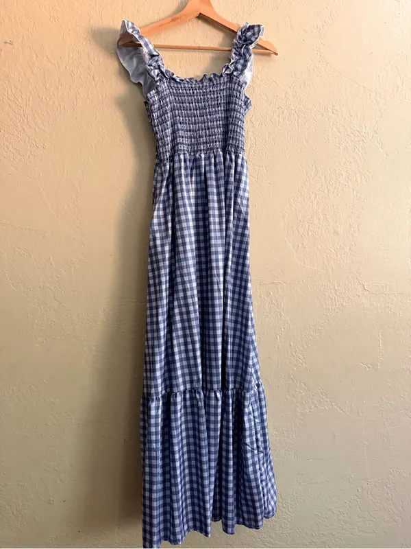Smocked Grey Gingham Maxi Dress with Ruffle Straps Gray Size XL - Image 3