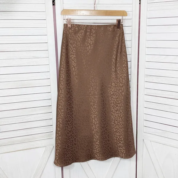 Mi Ami Francesca’s Satin Animal Print High Waist Midi Slip Skirt‎ Brown Small - Image 9
