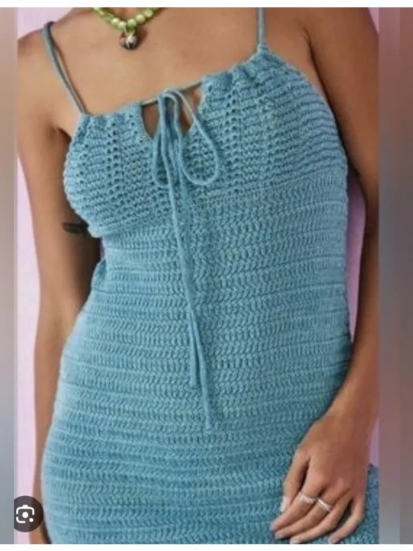 Olive + Oak Sz M Crochet Knit Mini Dress Marled Turquoise Tie Front Lined NWT - Image 5