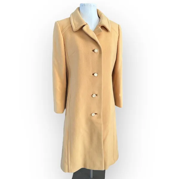 VTG 60s Yellow Wool Maxi Trench Coat Giralda Room 8/10 Quiet Luxury Clean Girl - Image 3