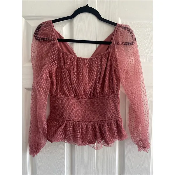 Audrey Parks Francesca's Peplum Blouse Womens Size S‎ Pink Lace Smocked Etheral - Image 6
