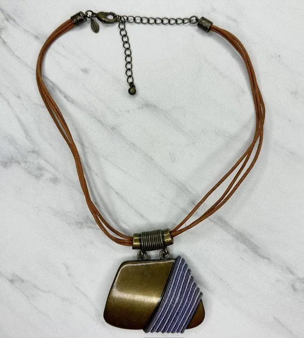 Chico's Boho Mixed Material Pendant Gold Tone Brown Cord Necklace ✨ - Image 2