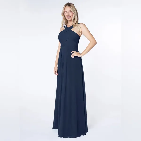 NWT Azazie Kaleigh Dark Navy Blue A-Line Pleated Chiffon Bridesmaid Maxi Dress 6 - Image 4