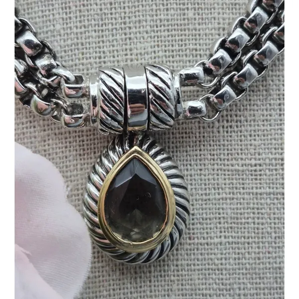 Choker Collar Pendant Necklace Silver Tone Double Box Chain Smokey Teardrop 16" - Image 2