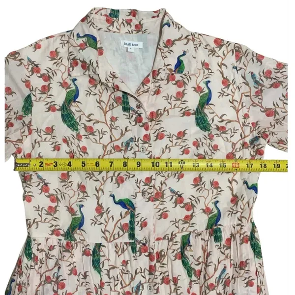 Beau & Ro Peacock Floral Block Print Cotton Midi Shirt Dress S Cream Green Boho - Image 9