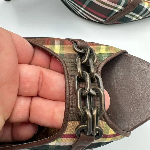 J.‎ Crew Plaid Peep Toe Heels Brown Red Green Chain Detail Stiletto Size 9.5 - Image 6