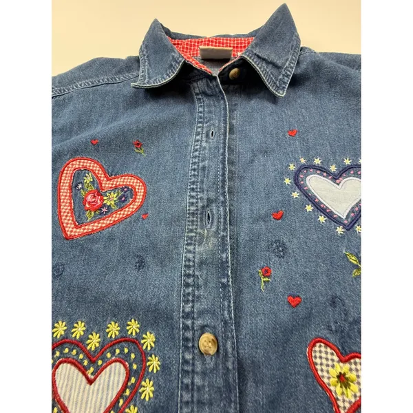 Bobbie Brooks Womens Denim Heart Embroidered Short Sleeve Button Down Shirt - Image 4