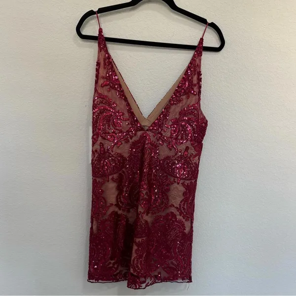 Free People Night Shimmer Mini Slip Dress Lace Sequins Sparkle Raspberry Size 4 - Image 7