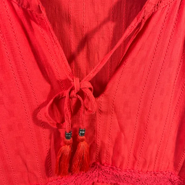 Sonoma Boho Orange Red Tiered Dress XL Tassel Tie Cotton Ruffle Sleeve Lace - Image 3