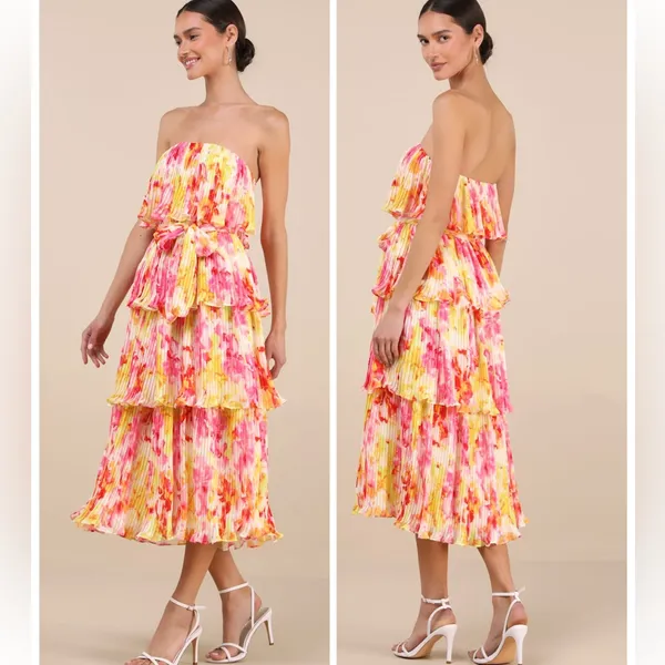 Lulus Nessa Yellow and Pink Abstract Plisse Tiered Midi Dress size XL NWT Beach - Image 2