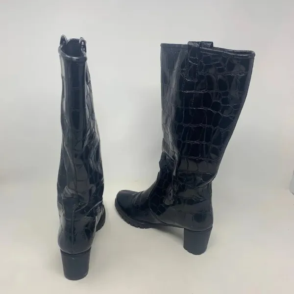 Stuart Weitzman Black Croc Leather Heeled Boots‎ Size US 6 - Image 6