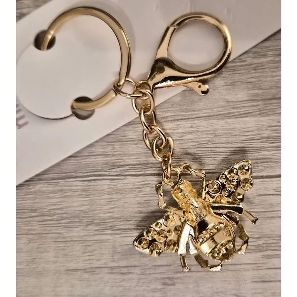 NWT Mint Gold Bumblebee Bag Charm Keychain Pink Rhinestone Pearl Cottagecore - Image 3
