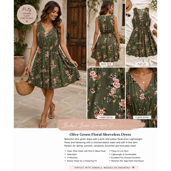 Old Navy Olive Green Floral Sleeveless V-Neck Elastic Waist A-Line Dress Large - Image 2