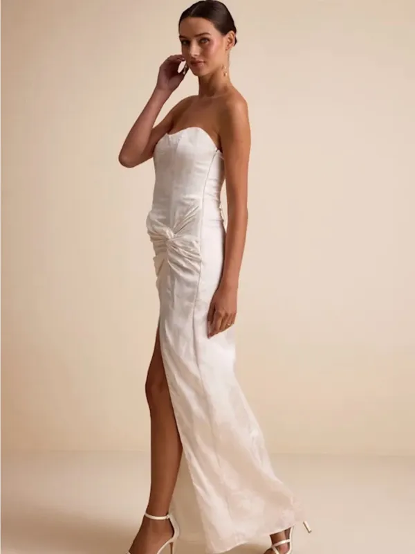 Lulu's Ivory Strapless Satin Twist Gown with High Slit - Image 4