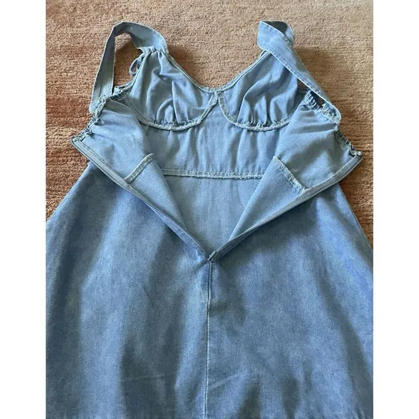 Denim Blue Sleeveless Mini Dress With Ruffle Hem and Tie Straps - Image 6