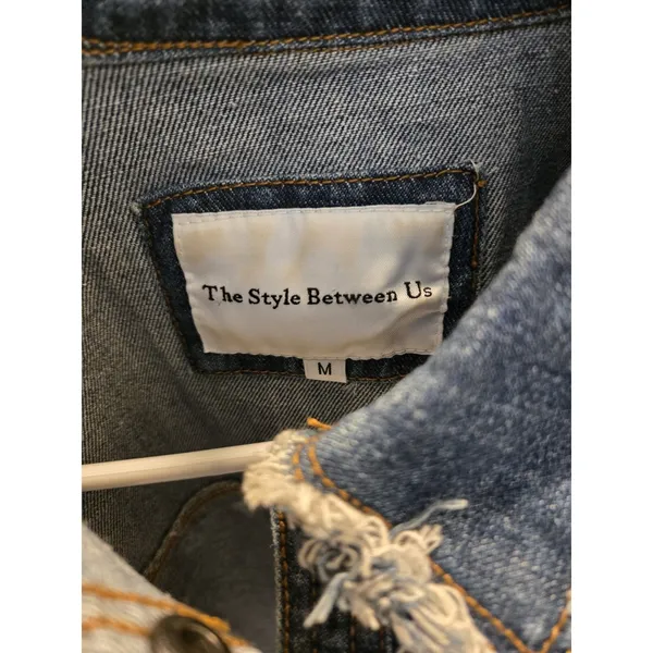 Garage The Style Between Us Denim Jacket M Blue Fringe Rhinestone Cropped Distressed - Image 3
