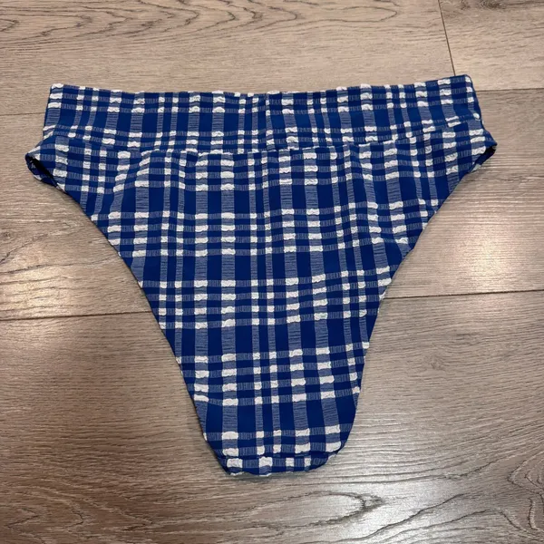 Aerie‎ Blue White Gingham Plaid High Cut Cheeky Bikini Bottom XL High Waisted - Image 2