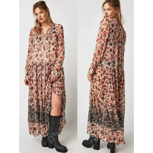 Free People Bohemian Billowy Floral See It Through Maxi Dress Tea Combo Large - Image 3