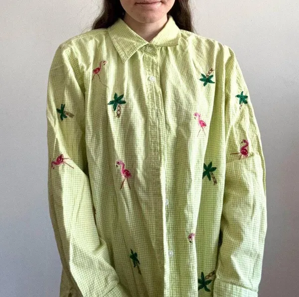 Quacker Factory Green Gingham Beaded Flamingo Top - Image 6