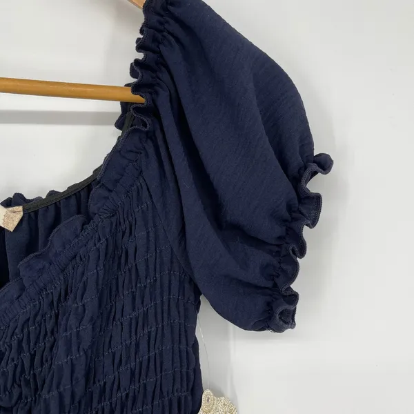 Altar'd State Navy Blue Smocked‎ Puff Sleeve Babydoll Dress Size M Milkmaid NEW - Image 3