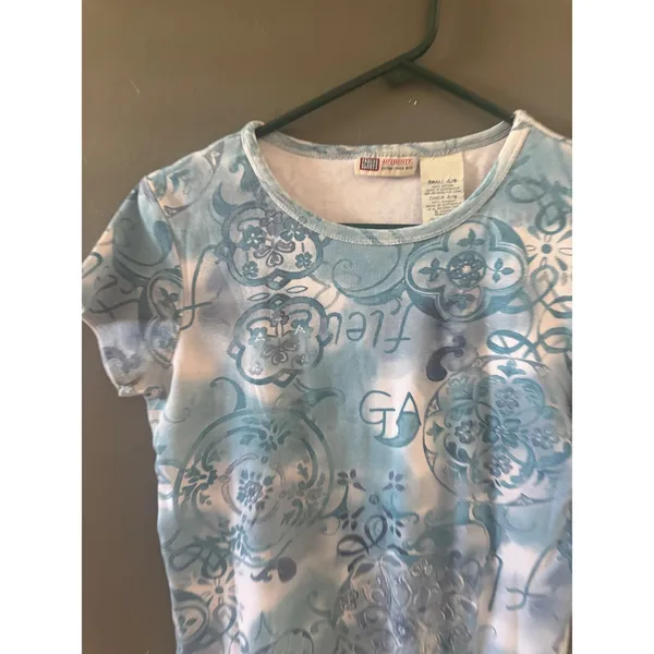 Faded Glory Vintage Y2k Blue Tie Dye‎ Damask Baby Tee Small Short Sleeve Y2K Top - Image 2