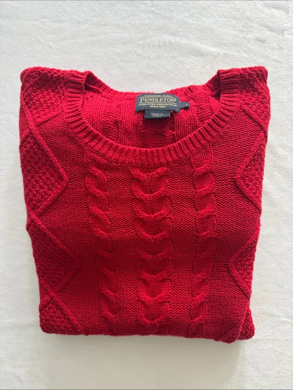 Pendleton Cashmere Cotton Blend Red Cable Knit Crewneck Sweater - Image 7