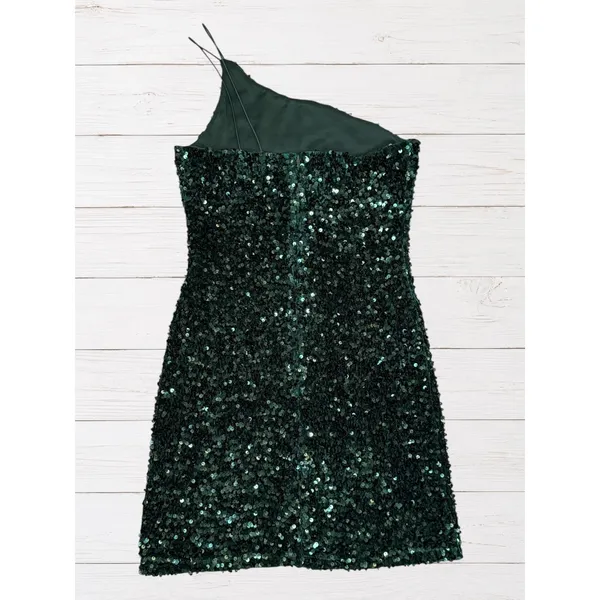 Green Sequin Homecoming Dress One Shoulder Mini Side Slit Size S Midnight Doll - Image 3