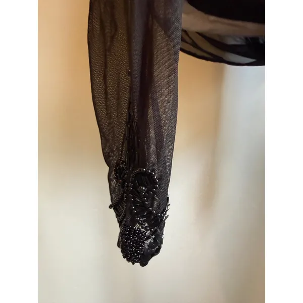 Tapesh Black Sheer Mesh Beaded Sequin Long Sleeve Bodysuit Large Vintage whimsig - Image 3