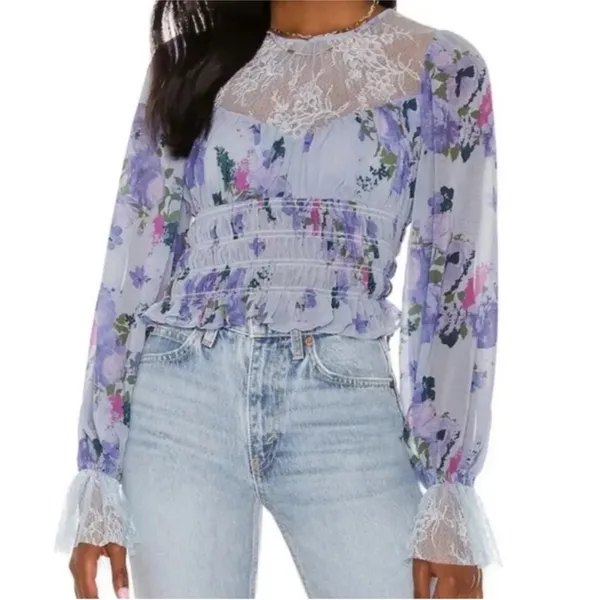 Free People Daphne Blouse with sheer lace yoke and gathered Edwardian‎ Sleeves - Image 2
