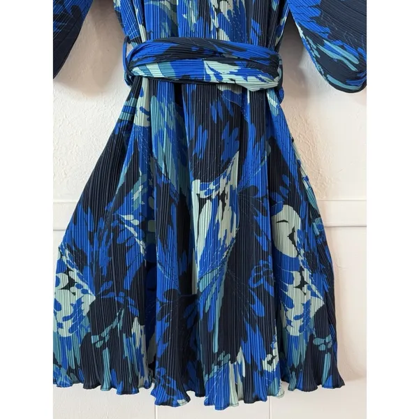 Ciebon XS Blue Pleated Floral Belted Mini Dress Balloon Sleeve Button Front - Image 6